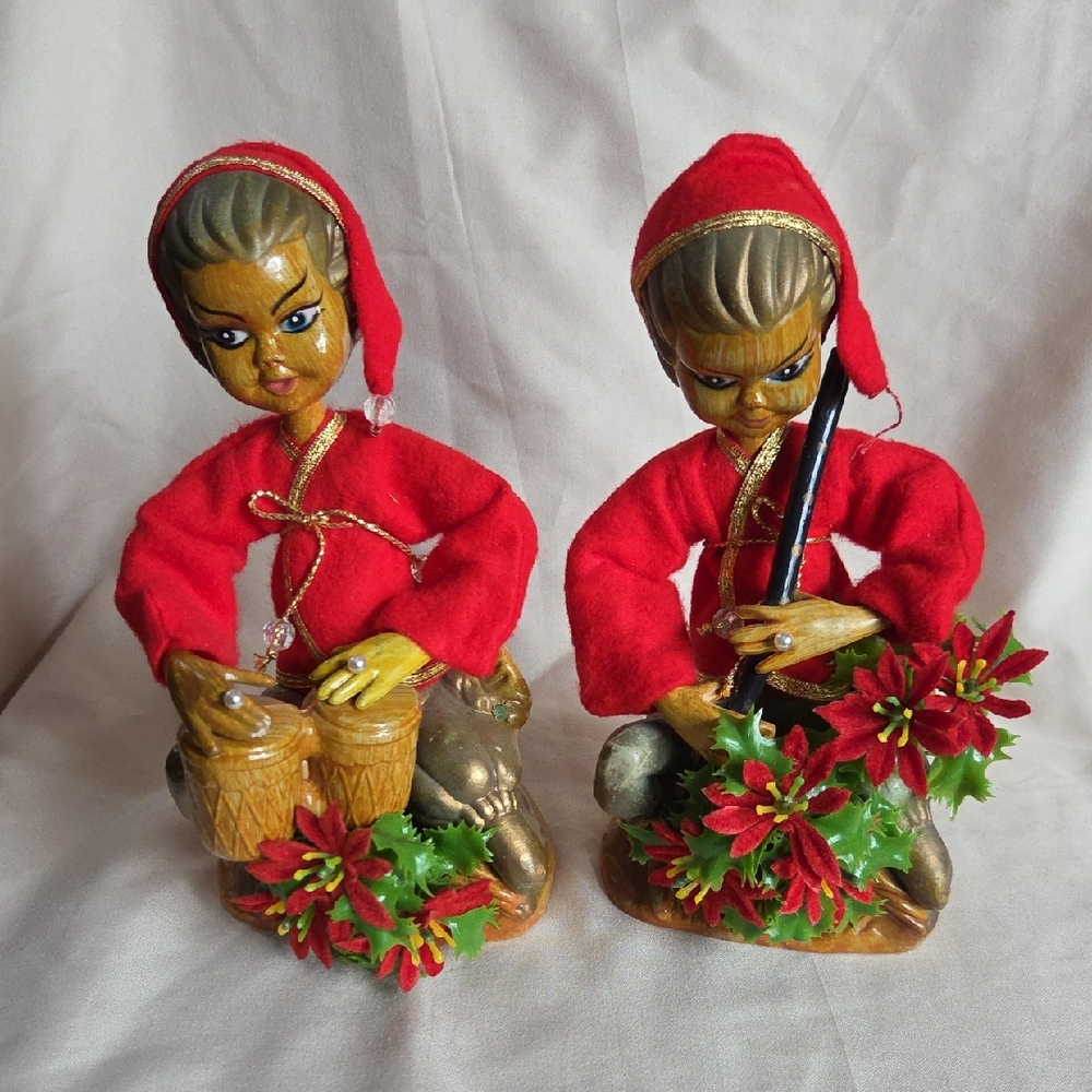 Tilso Pixies 1960'sChristmas Holiday Elf Figurines with Drums and Flute. Vintage